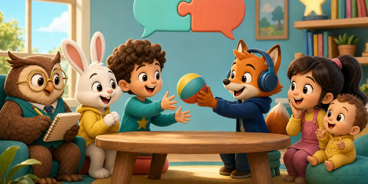 A boy and a fox pass a ball back and forth across a table while matching puzzle-shaped speech bubbles link above them