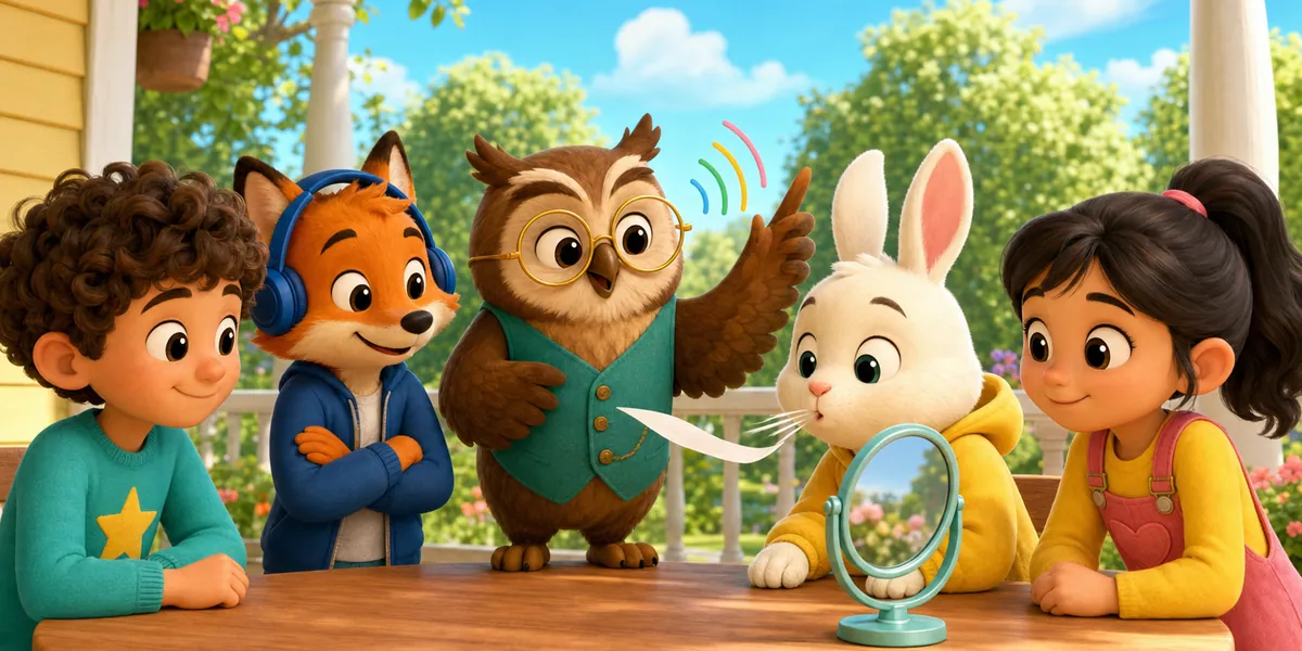 A bunny blowing on a paper strip while a girl watches in a small mirror