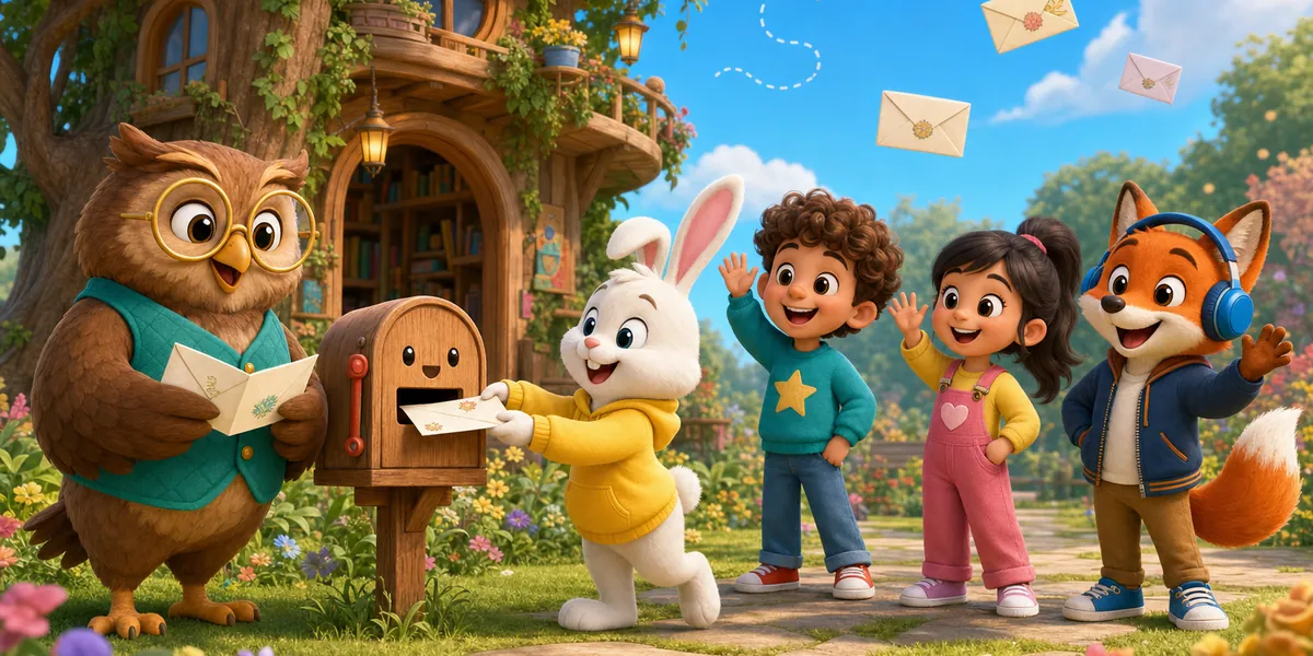 An owl by a wooden mailbox holding an envelope while a bunny posts a letter and friends wave hello
