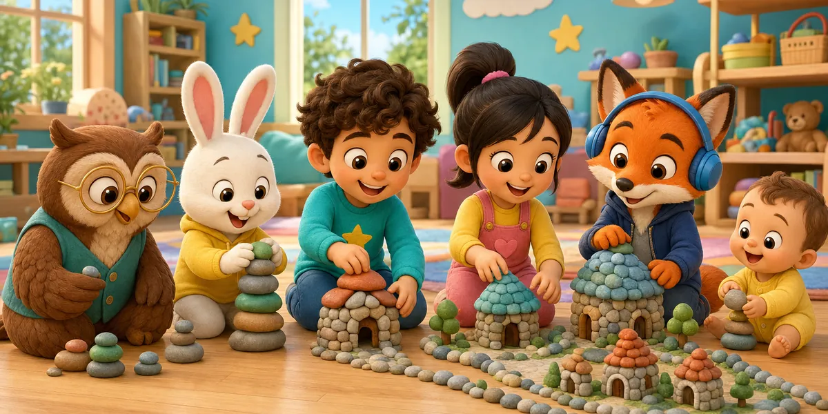 Children and an owl building pebbles into stacks, stacks into houses and houses into a village street