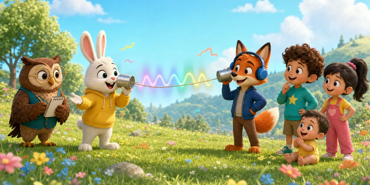 A bunny speaks into a tin-can telephone linked by a string to a fox across a meadow, with sound waves and noise squiggles between them