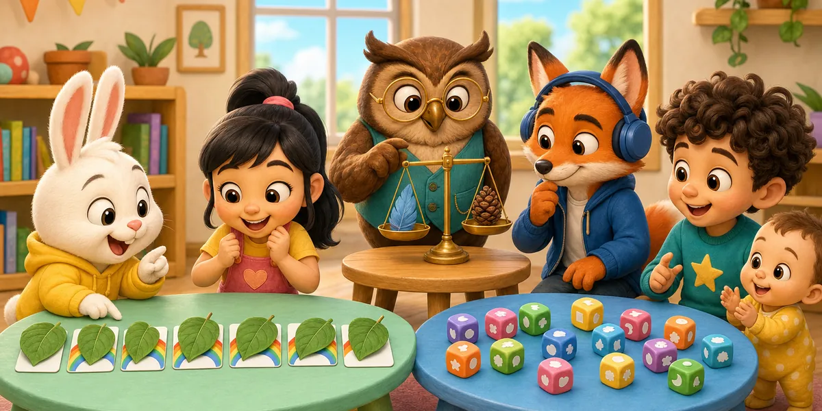 A bunny and a girl guess hidden picture cards in a predictable pattern, while a jumble of random dice sits on another table