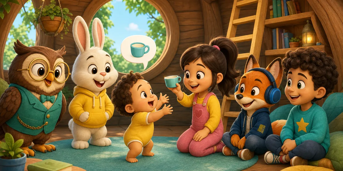A toddler reaches up toward a girl holding a cup, with a single speech bubble showing a cup