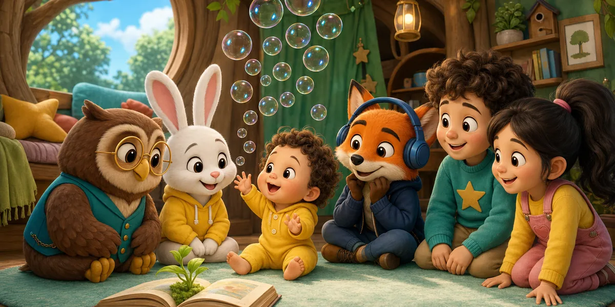 A toddler babbling happily on a rug while an owl and a bunny listen, with bubbles floating up and a plant sprouting from a book