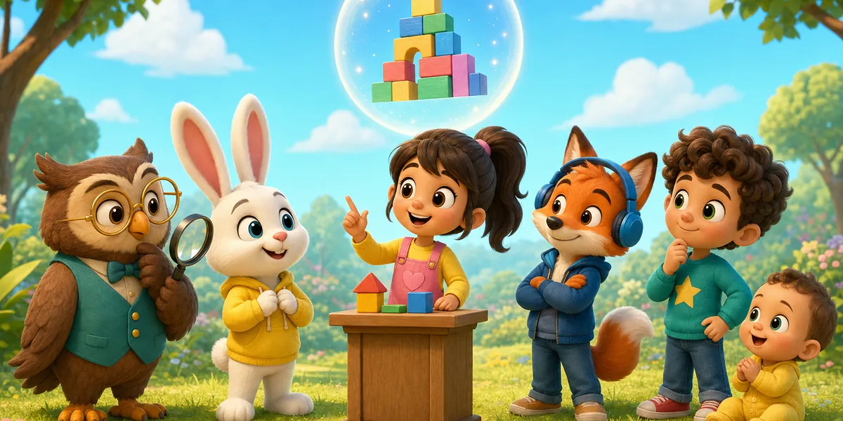 A girl speaking at a lectern, with a big glowing tower of blocks above her showing what she knows and a smaller pile showing what she uses