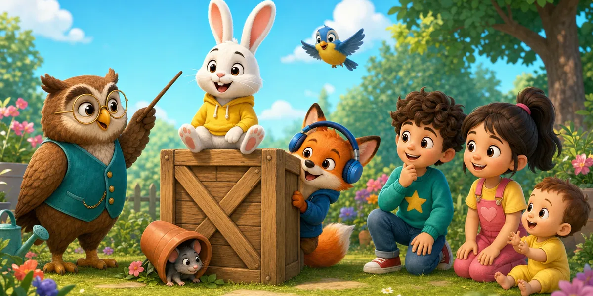 A bunny sits on a crate, a fox peeks from behind it, a mouse hides under a flowerpot and a bird hovers above