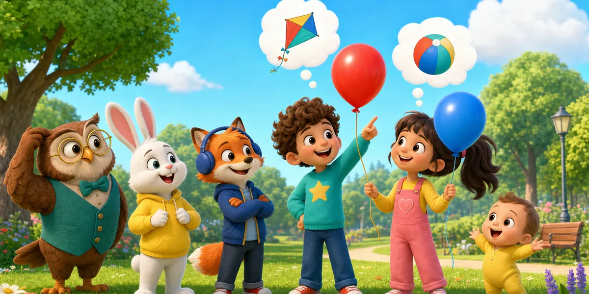 A boy points at a red balloon while a girl looks at a blue one, each imagining a different picture, as an owl scratches his head