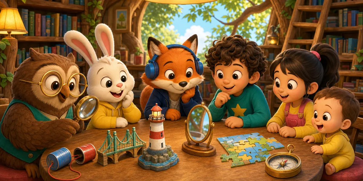 Friends comparing six toy models on a round table: a tin-can telephone, bridge, lighthouse, mirror, puzzle and compass
