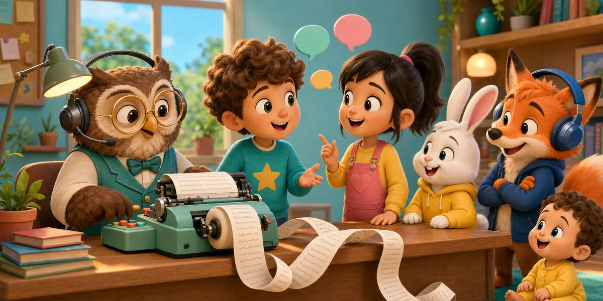 An owl in a headset using a transcription machine while two children chat nearby