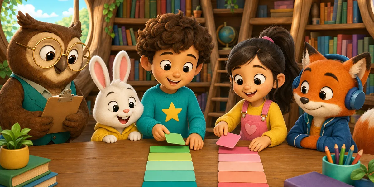Two children sorting word cards into piles while an owl holds a clipboard