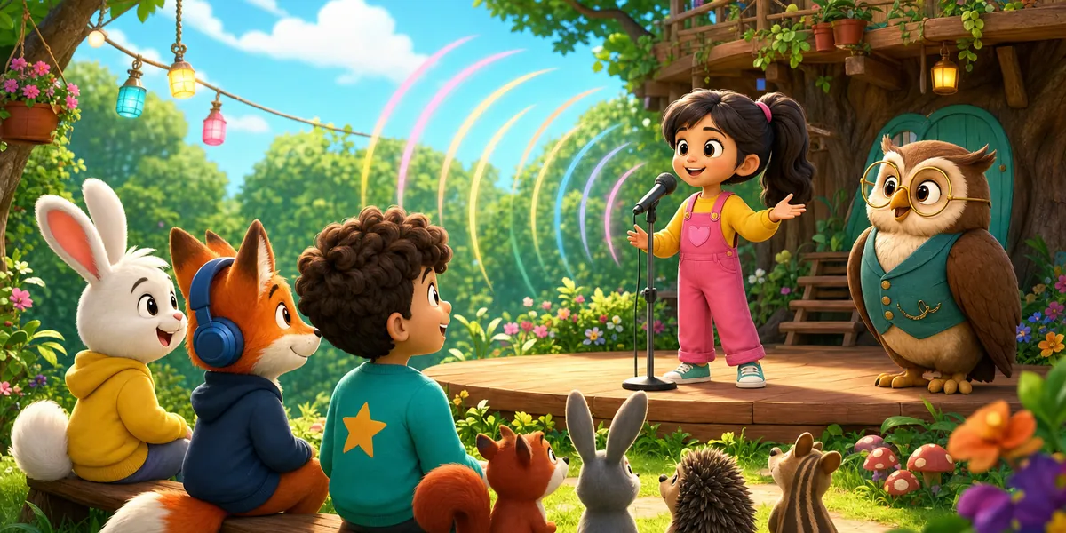 Luna speaking from a small stage to an audience of friends and woodland animals, with soft sound arcs