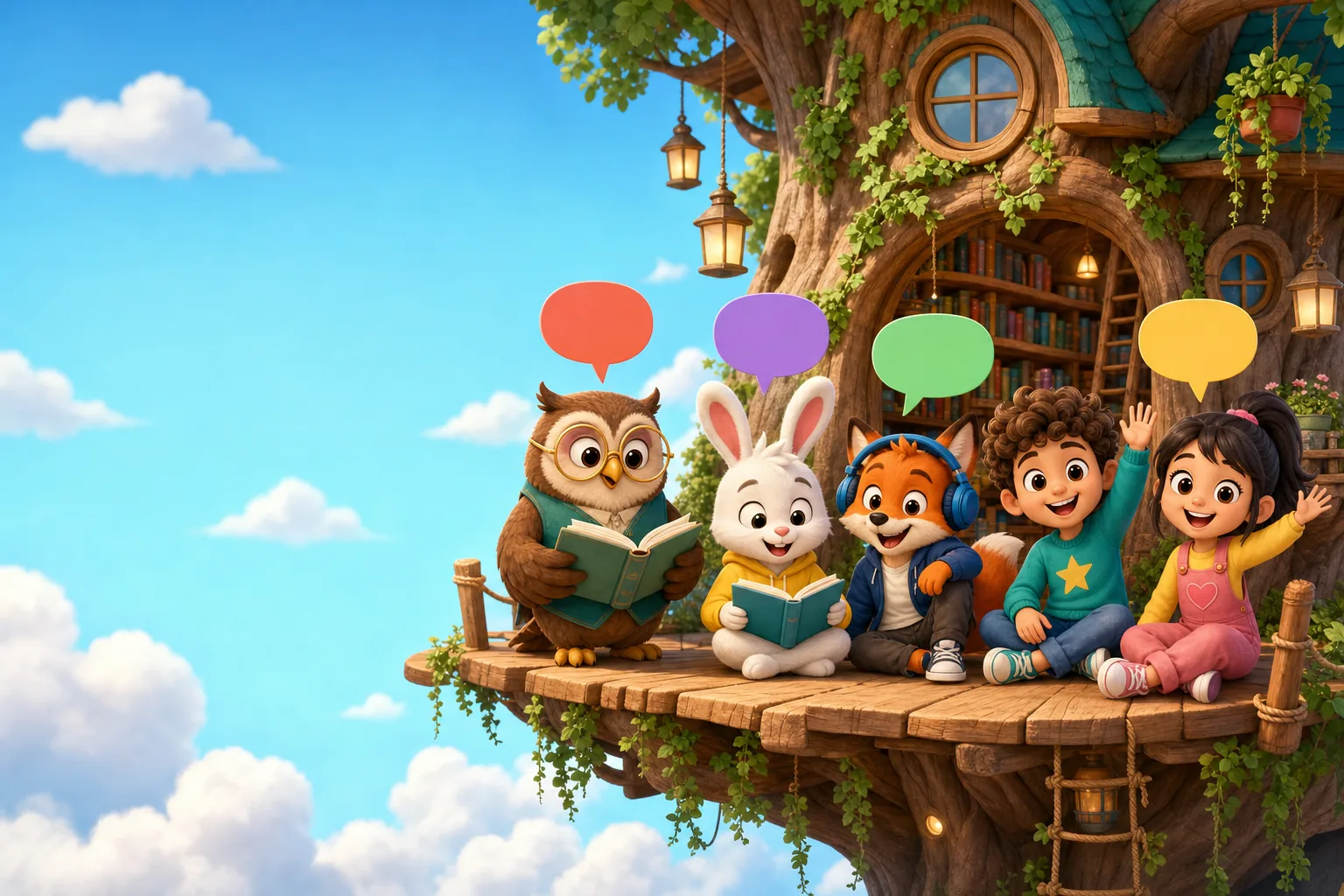 A friendly owl, bunny, fox and two children reading and waving in a cosy treehouse library among the clouds
