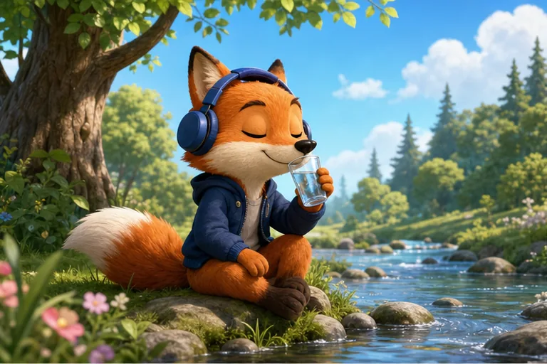 A fox sipping water by a calm stream