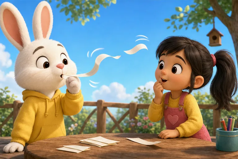 A bunny blowing on a paper strip while a girl watches