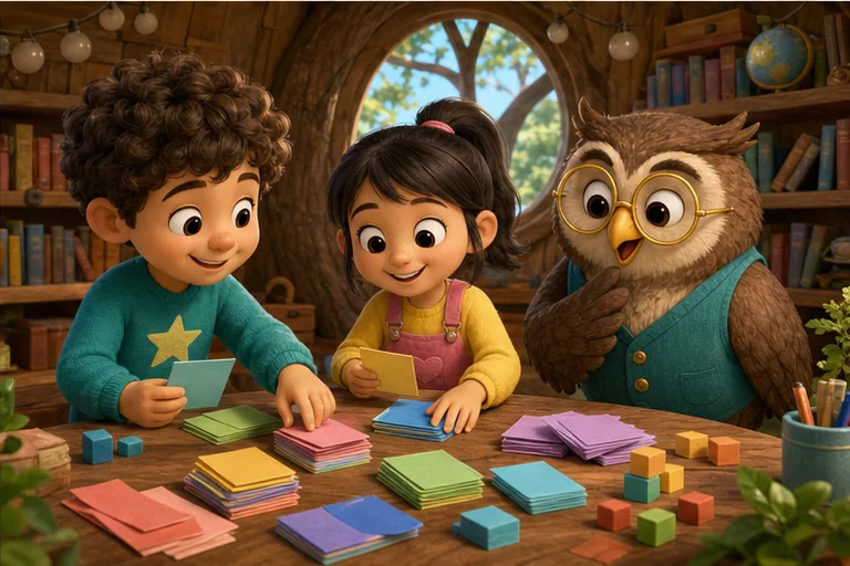 Two children sorting word cards into piles